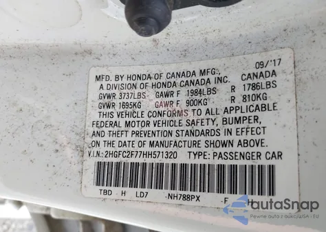 2017 Honda Civic Ex из США, поврежденный, VIN 2HGFC2F77HH571320